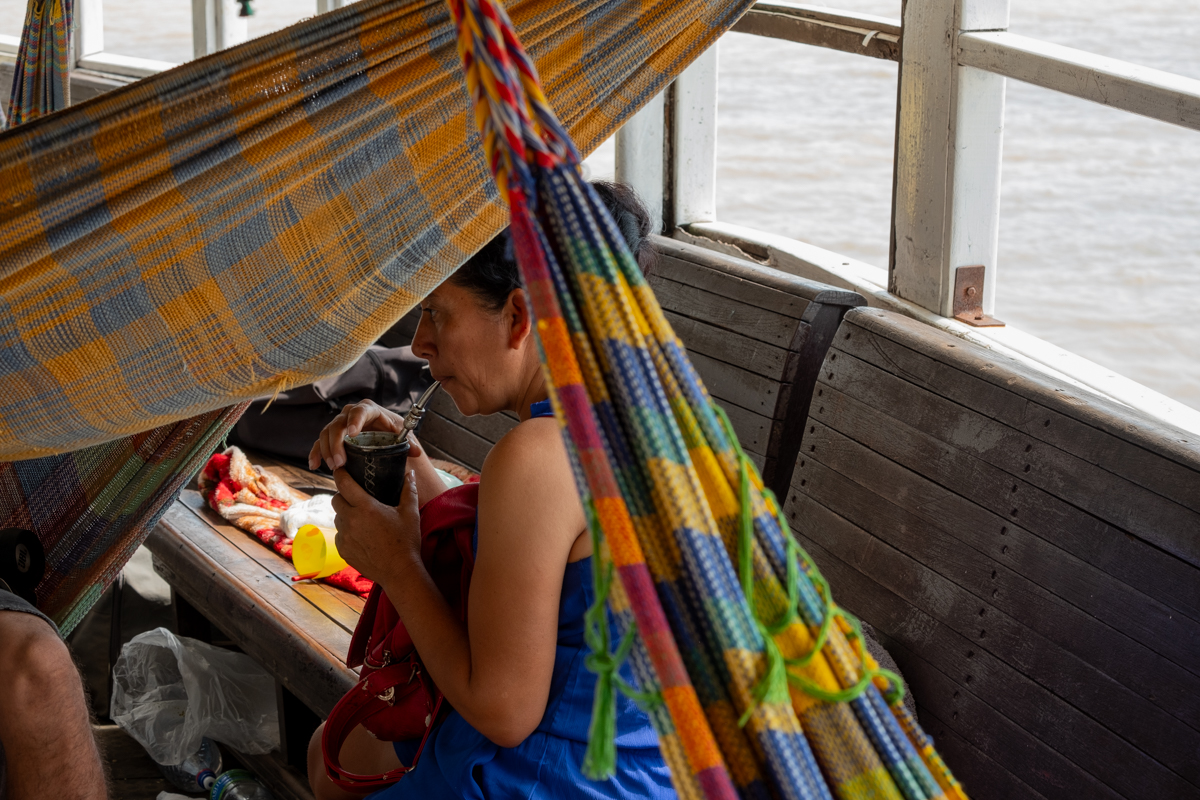 Stairwell of the Aquidaban loaded with sacks of produce, pineapples, and supplies bound for remote communities